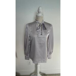 Womens Light Silver Minimalist Neck Line Bow Blouse - S